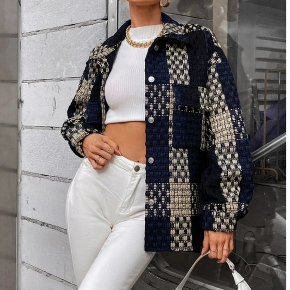 Navy Plaid Print Flap Pocket Oversized button front Casual Shacket jacket Coat - Picture 5 of 6